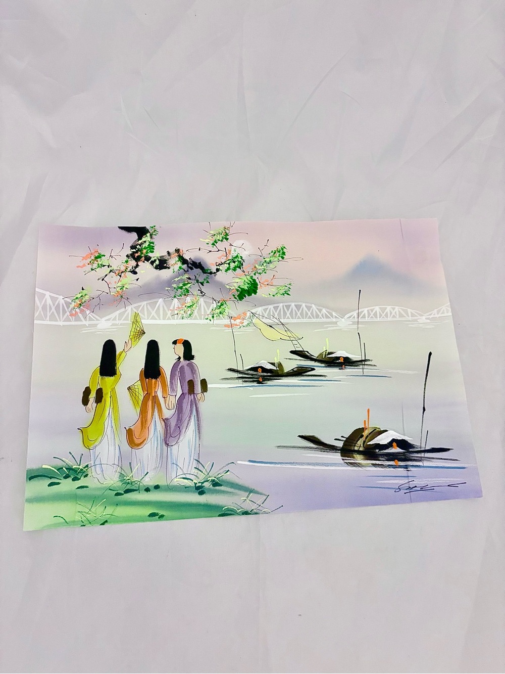 Vintage Hand painted Scene on Fabric Asian Style